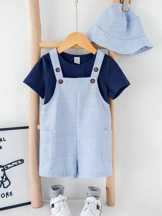 3pcs Baby Boy Casual Holiday Knit Blue T-Shirt, Plaid Overalls, Suspender Pants, Sun Hat Set Multicolor