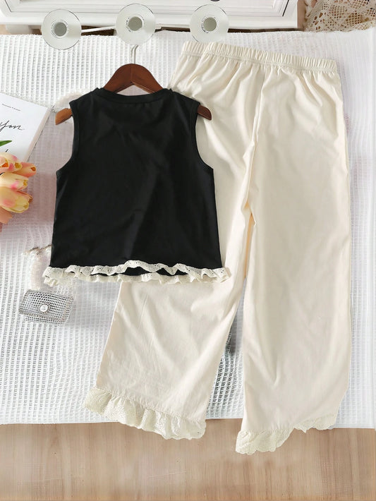 Lovely Crew Neck Sleeveless 3D Bow Embroidery Floral Lace Vest And Elastic Waist Floral Splice Wide Leg Pants