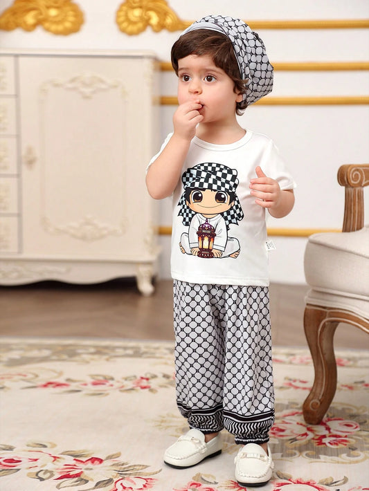 Baby Boy Crew Neck Short Sleeve Printed Casual Top And Pants Set Multicolor