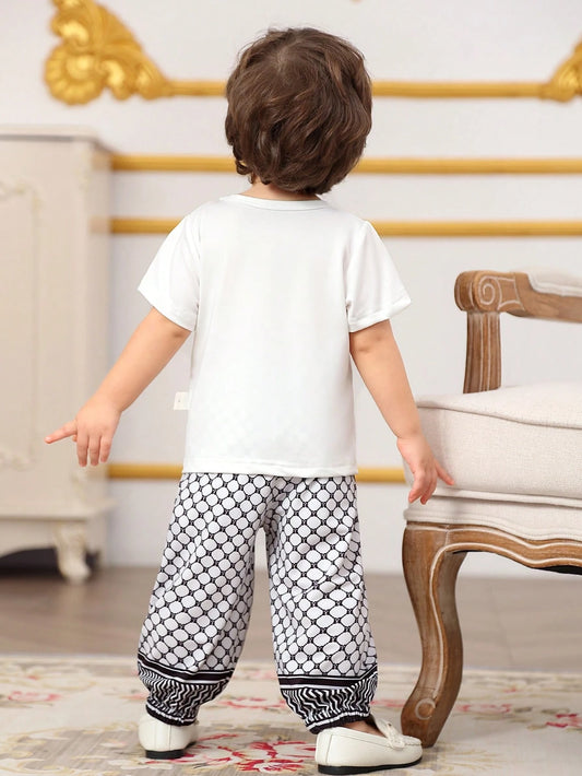 Baby Boy Crew Neck Short Sleeve Printed Casual Top And Pants Set