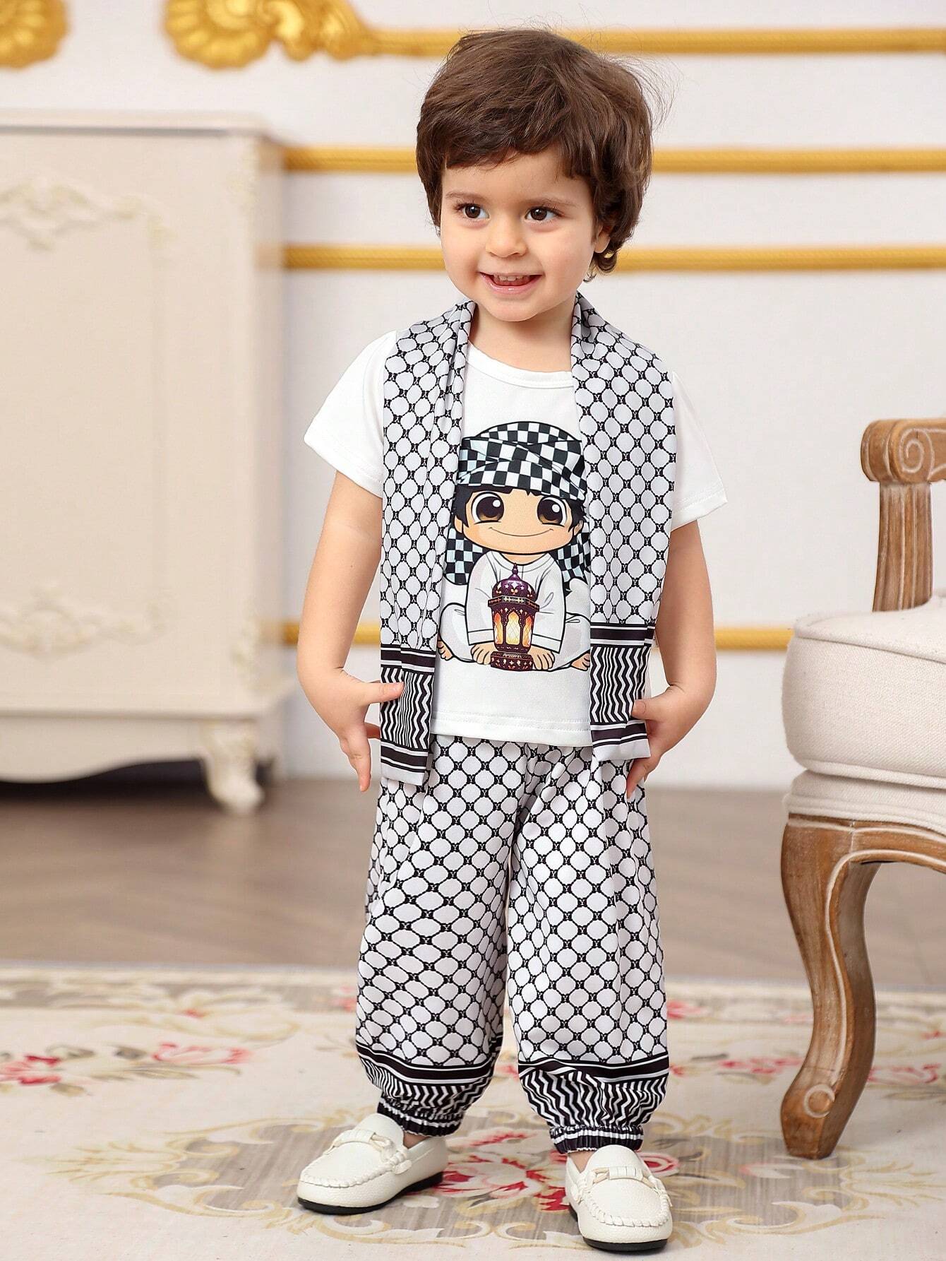 Baby Boy Crew Neck Short Sleeve Printed Casual Top And Pants Set