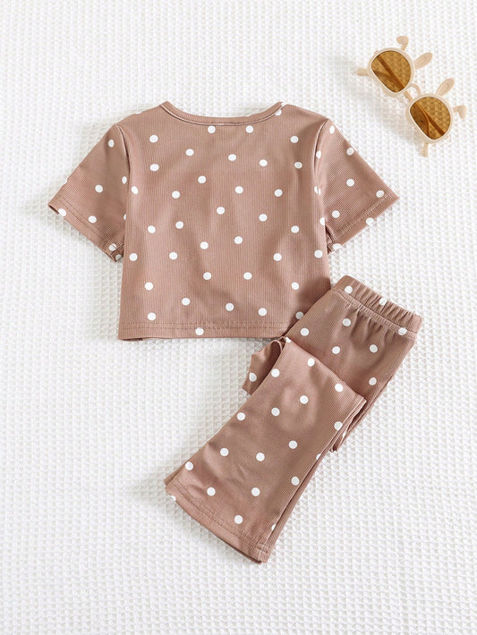Baby Girl Solid Color Knit Soft Crew Neck Short Sleeve Top And Elastic Waist Flared Leg Pants
