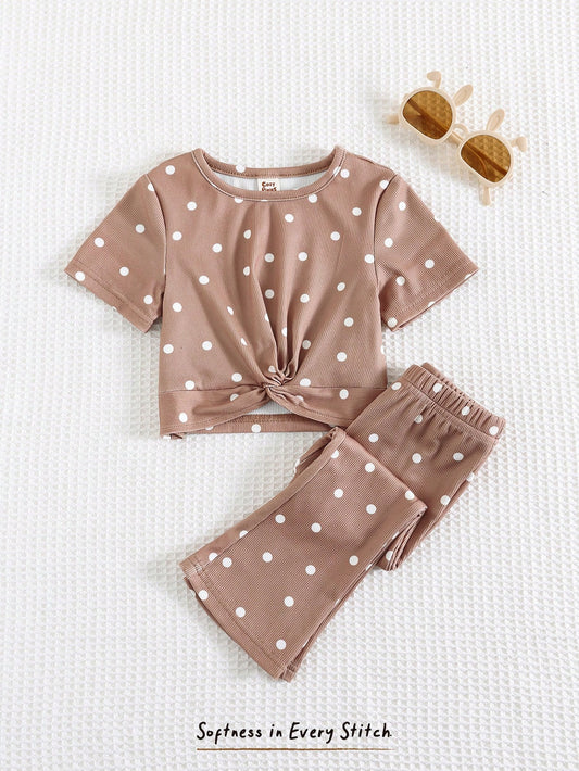 Baby Girl Solid Color Knit Soft Crew Neck Short Sleeve Top And Elastic Waist Flared Leg Pants Khaki