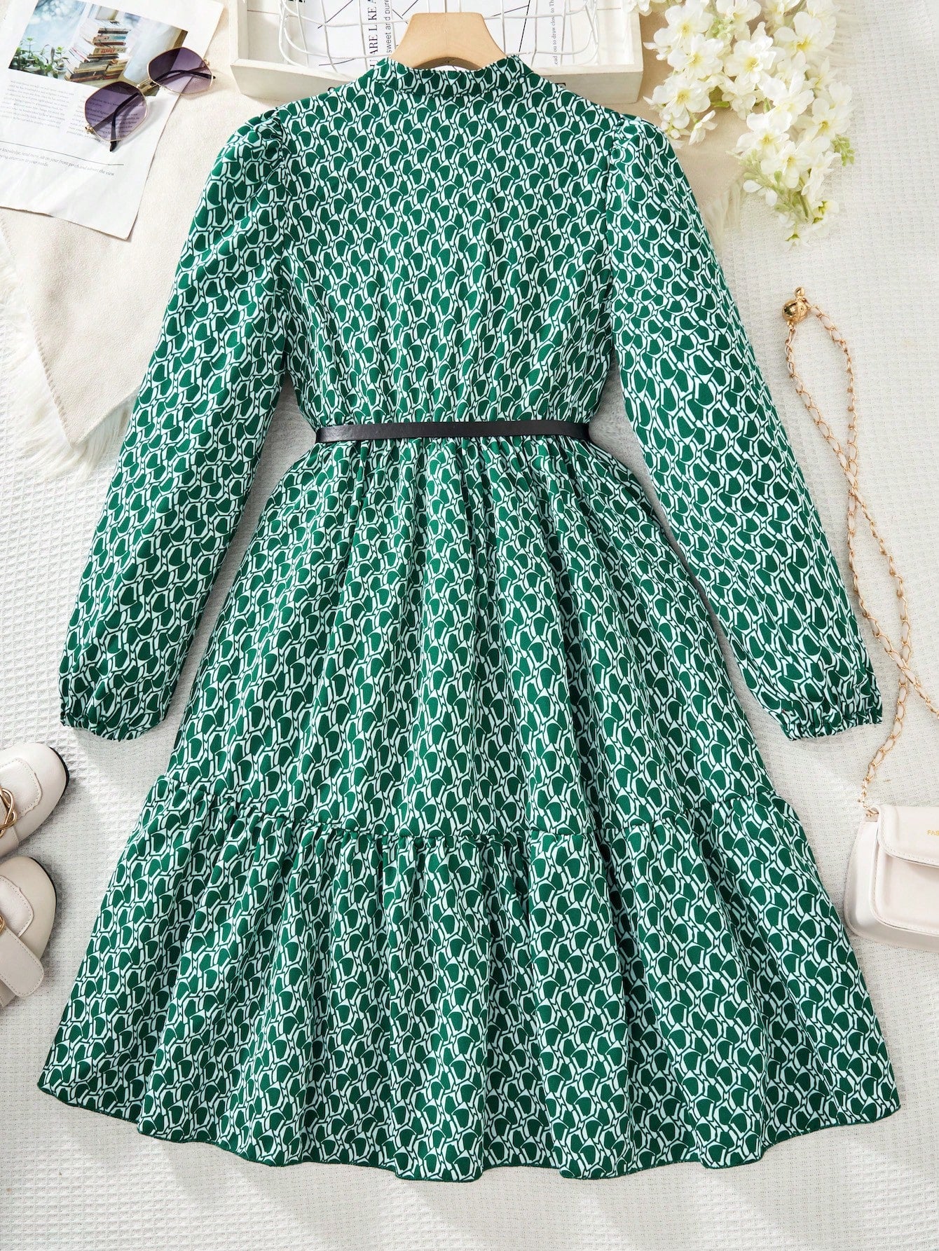 Tween Girl Ditsy Floral Puff Sleeve Long Sleeve Holiday Dress Without Belt