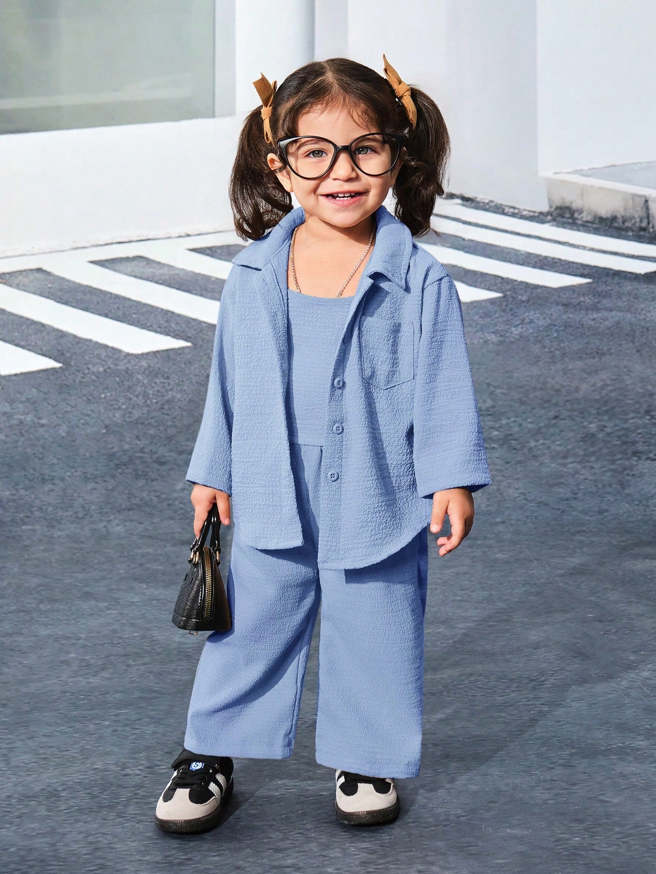 3pcs Baby Girls Minimalist Solid Color "Babygirl" Shirt, Pullover, And Pant Set Blue