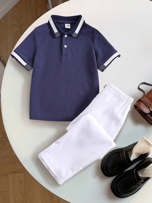 Young Boys Casual Elegant Gentleman Collegiate Striped Detail Half-Button Polo Shirt And Elastic Waist Button White Trousers Navy Blue