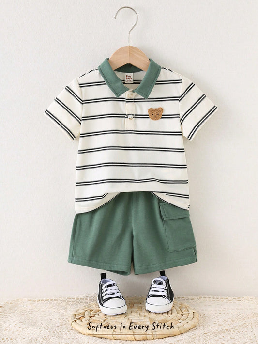 Baby Boy Cute Bear Striped Knit Soft Polo Collar Short Sleeve Top And Elastic Waist Shorts