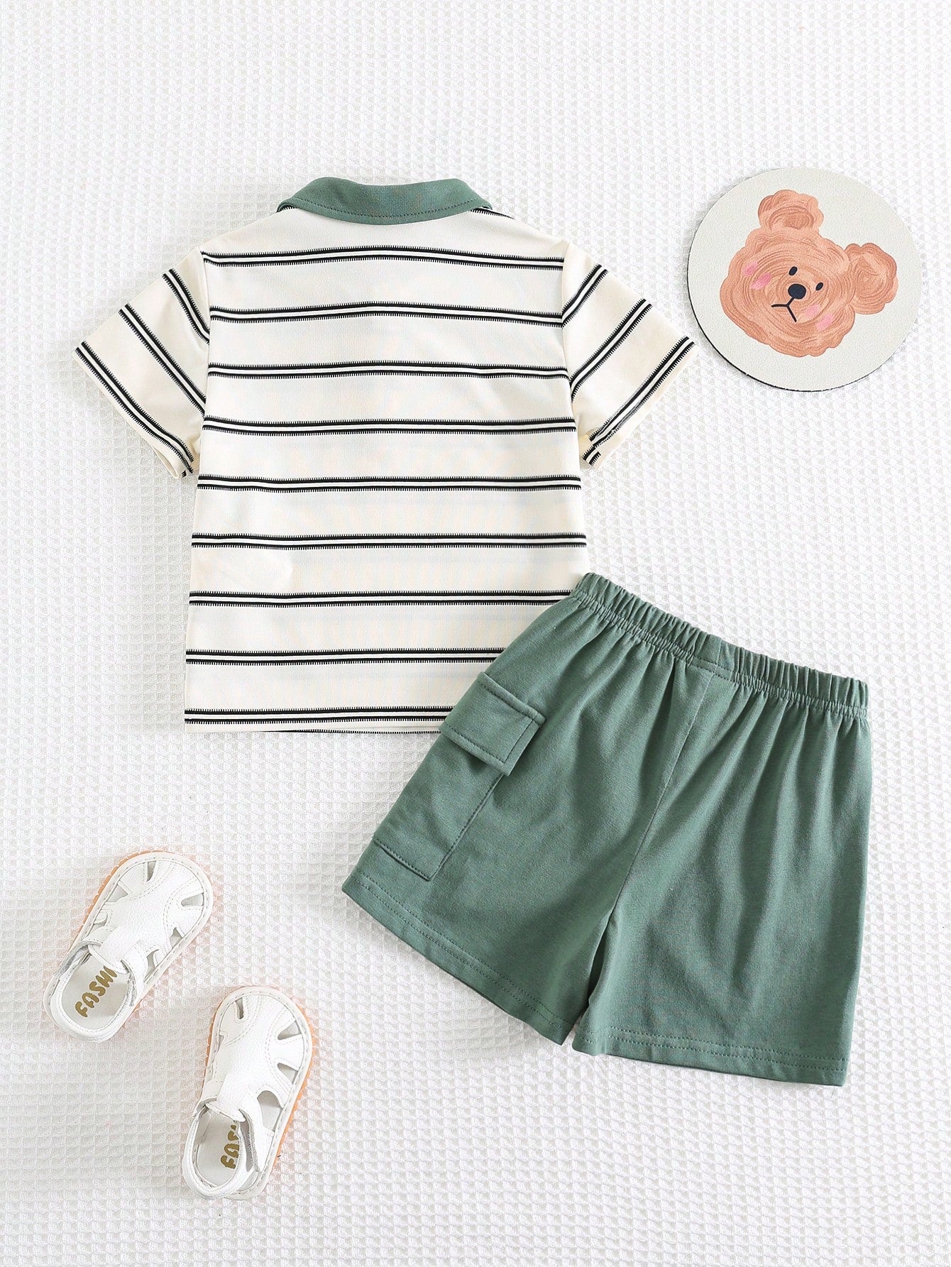 Baby Boy Cute Bear Striped Knit Soft Polo Collar Short Sleeve Top And Elastic Waist Shorts