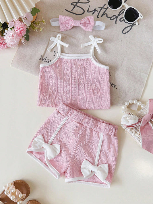 Baby Girl Solid Color Splicing Bow Decor Top And Shorts Set