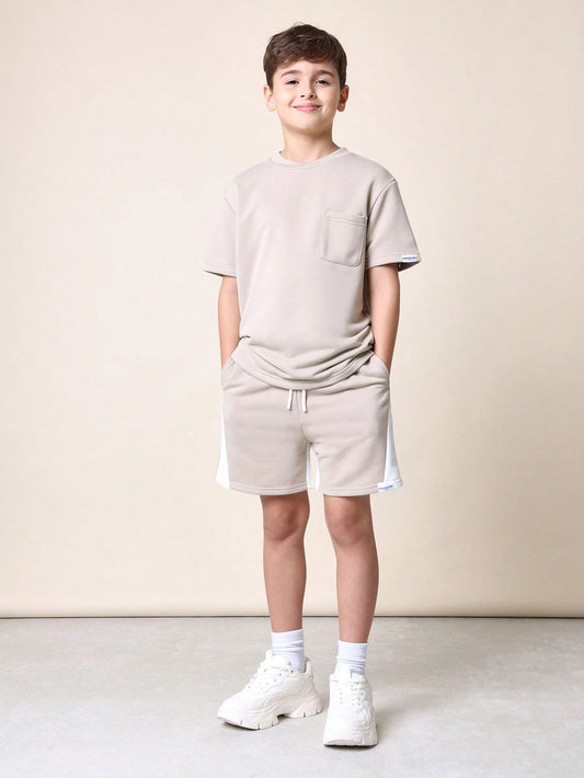 Tween Boys Comfy Regular Fit Short Sleeve Tee And Blocked Short Khaki