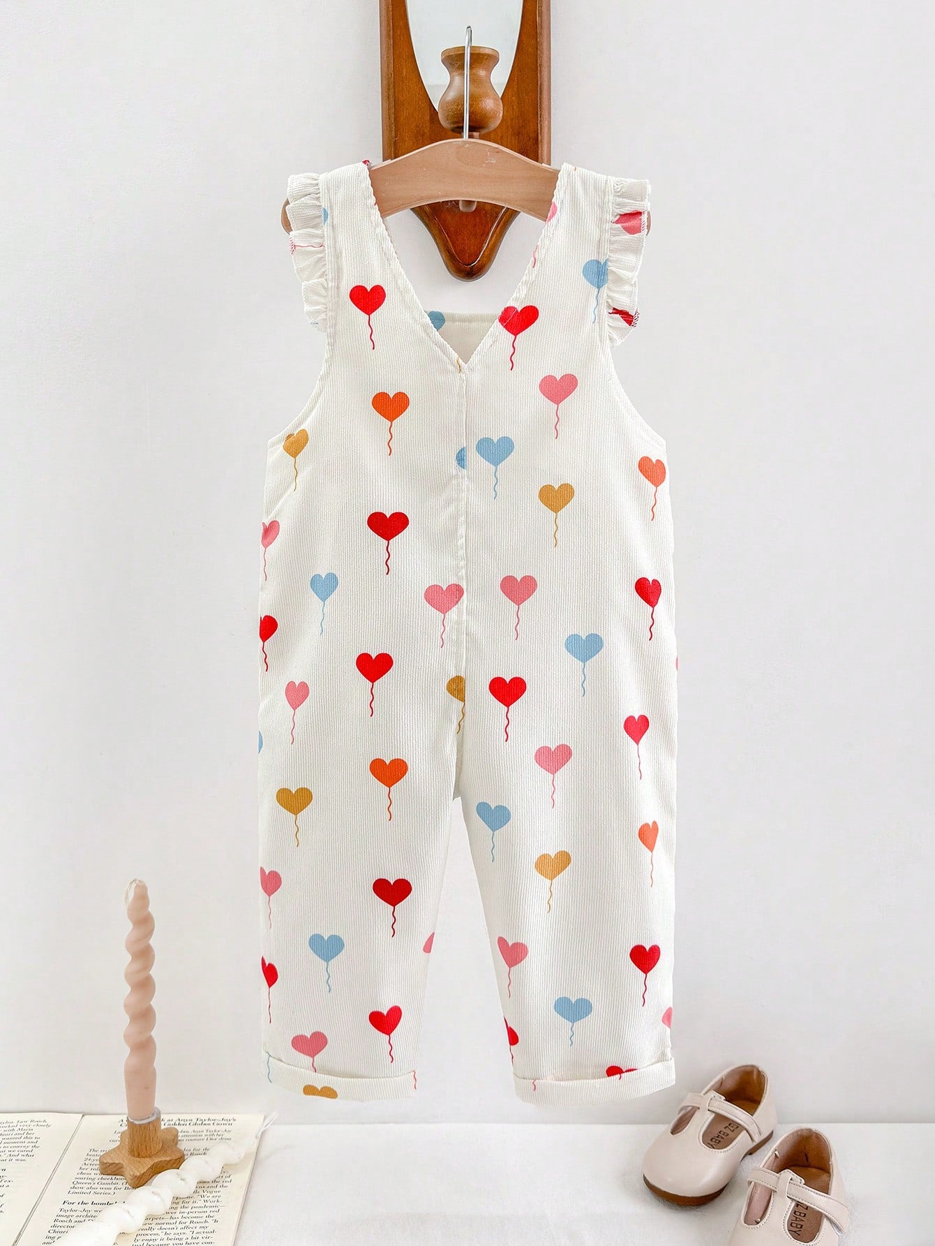 Cozy Pixies Baby Girl Cute Heart Print Ruffled Sleeve Strap Jumpsuit