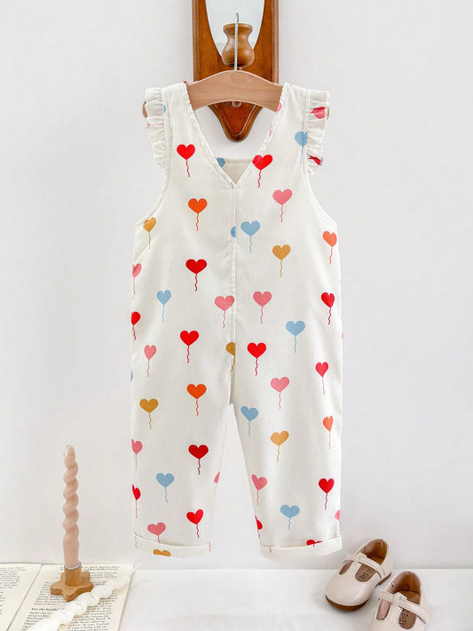 Cozy Pixies Baby Girl Cute Heart Print Ruffled Sleeve Strap Jumpsuit