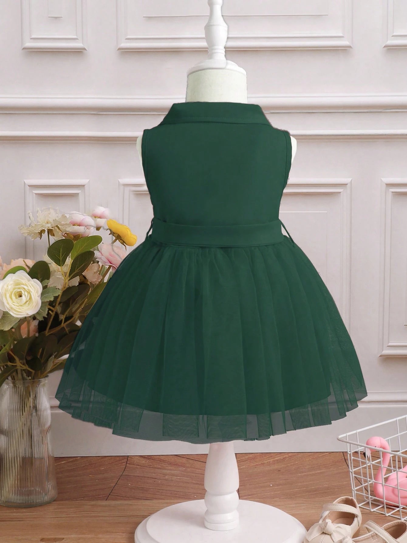 Baby Girl Double Button Mesh Hem Belted Dress