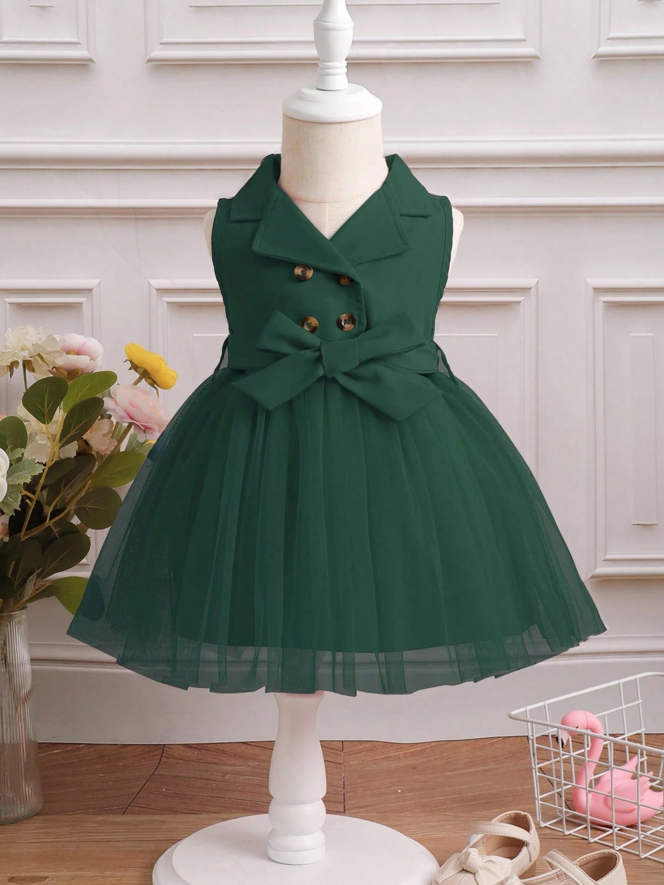 Baby Girl Double Button Mesh Hem Belted Dress Dark Green