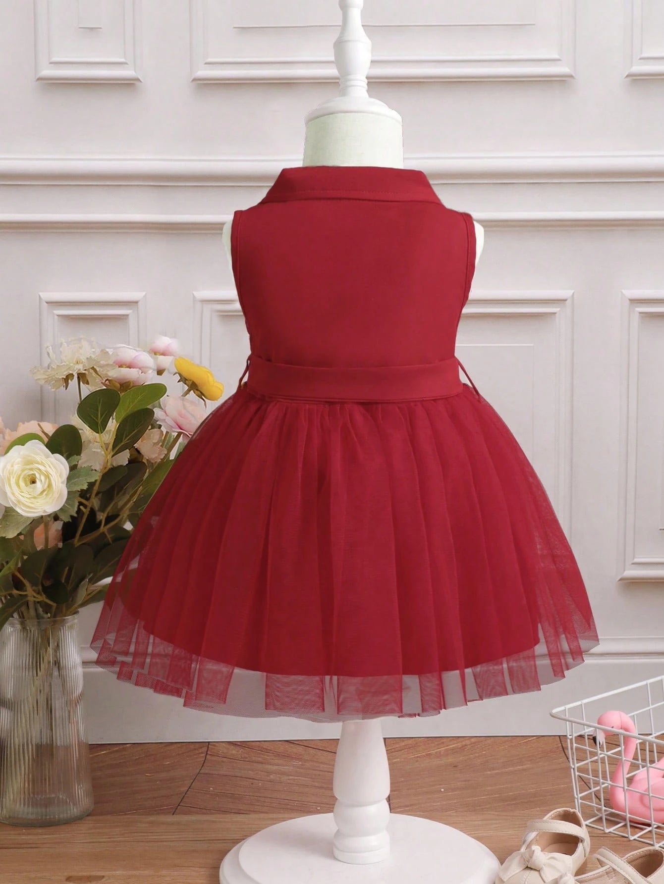 Baby Girl Double Button Mesh Hem Belted Dress