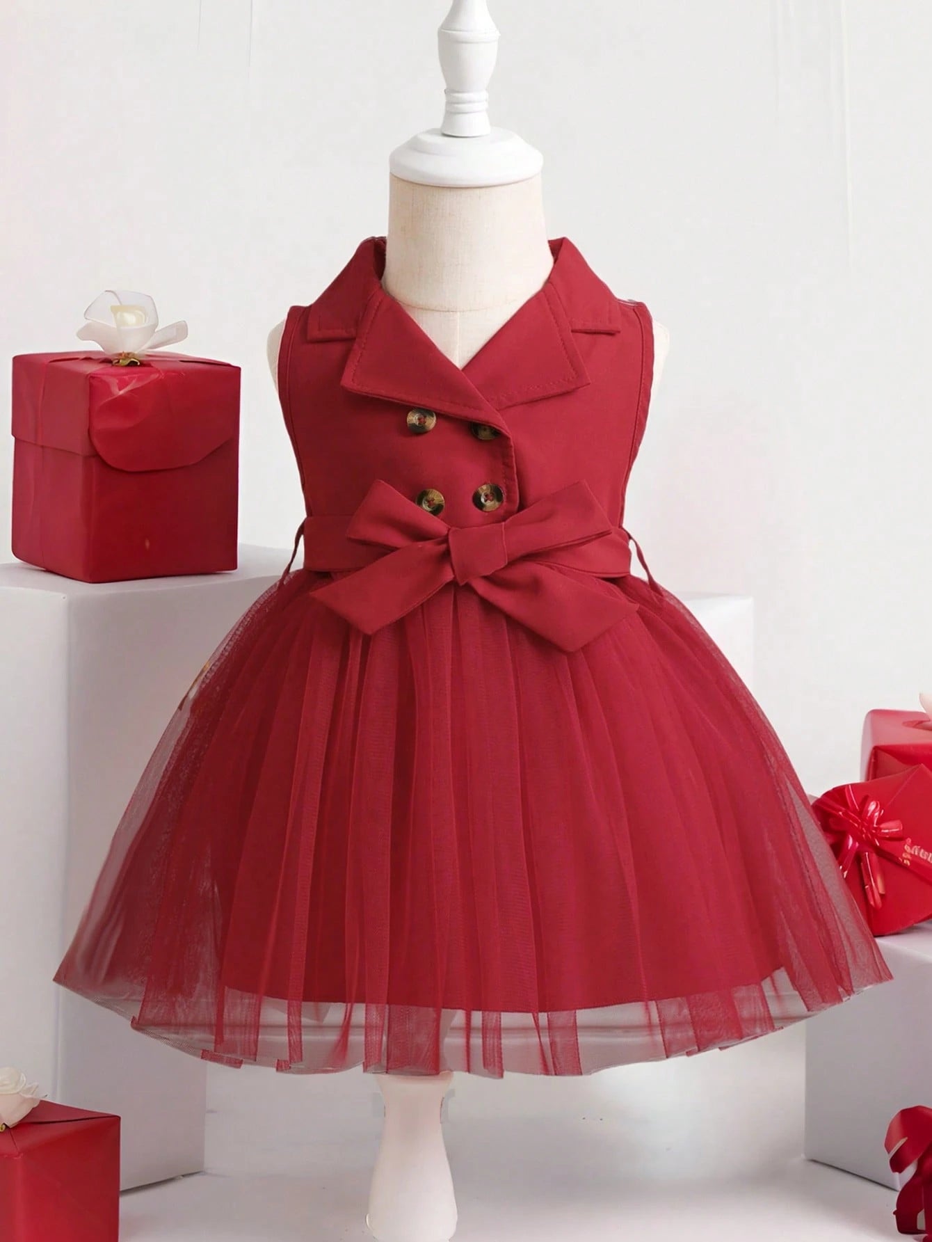 Baby Girl Double Button Mesh Hem Belted Dress Burgundy