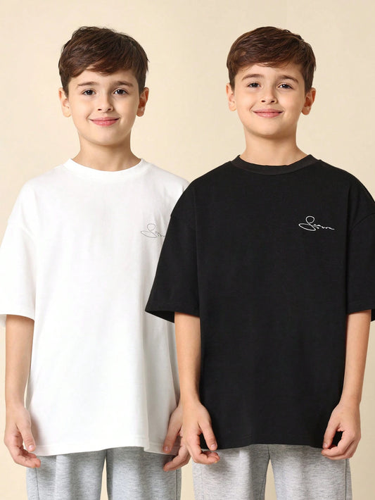 Tween Boys Comfy 2 Pack Set Oversized Fit Short Sleeve Black And White Tee Black & White