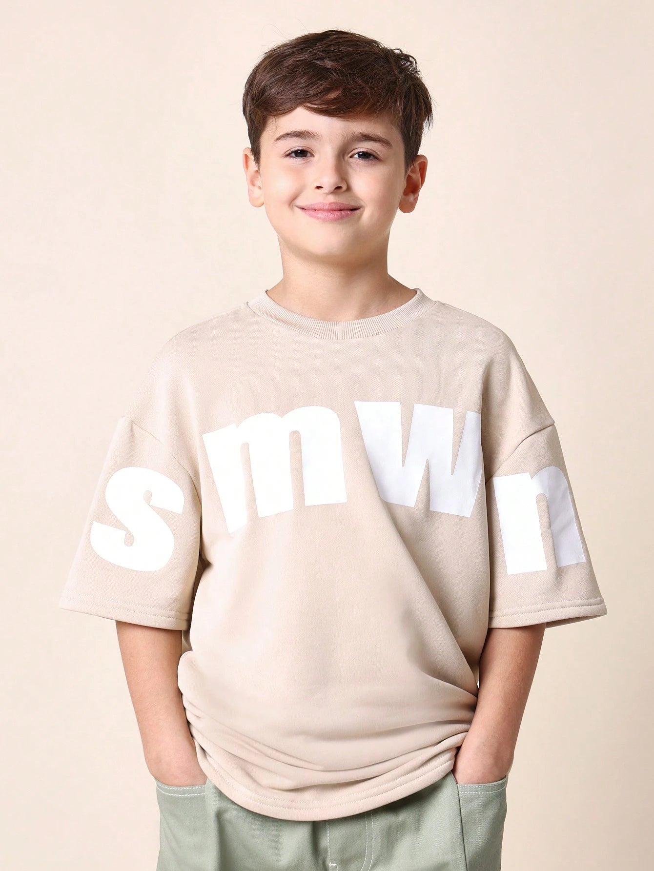 Tween Boys Comfy Oversized Fit Elbow Sleeve Tee With Graphic Print Khaki