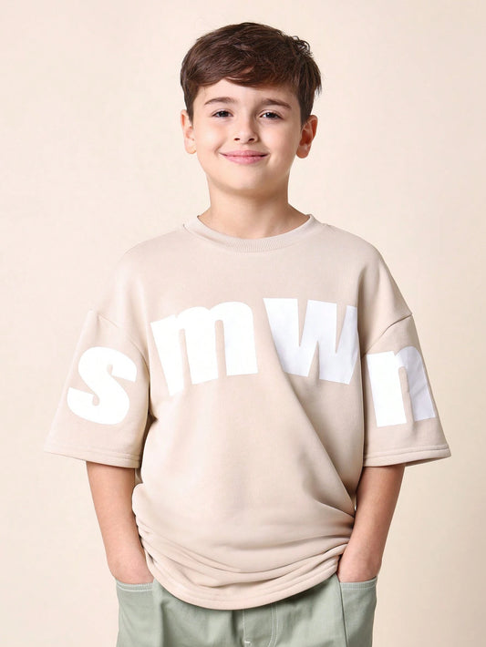 Tween Boys Comfy Oversized Fit Elbow Sleeve Tee With Graphic Print Khaki