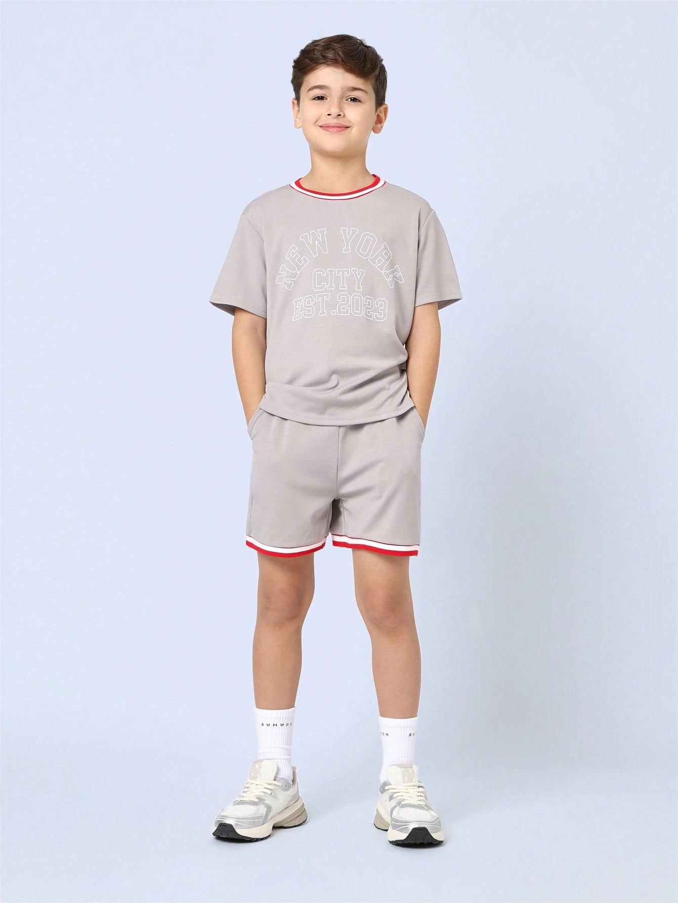 Tween Boys Comfy Regular Fit Fit Short Sleeve Tee And Short With Stripe Rib Grey