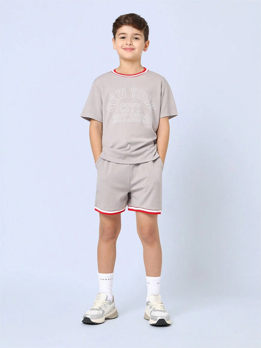 Tween Boys Comfy Regular Fit Fit Short Sleeve Tee And Short With Stripe Rib Grey