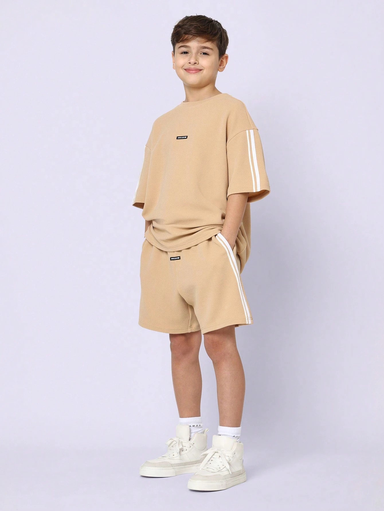 Tween Boys Comfy Oversized Fit Textured Elbow Sleeve Tee And Short With Tape Khaki