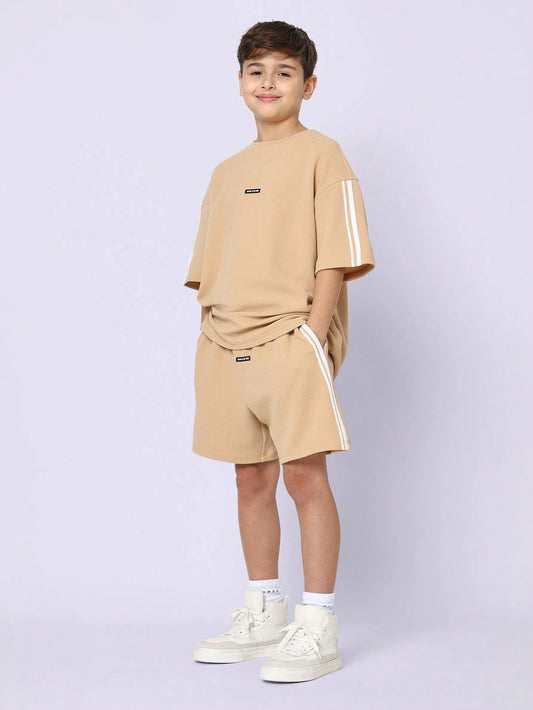 Tween Boys Comfy Oversized Fit Textured Elbow Sleeve Tee And Short With Tape Khaki