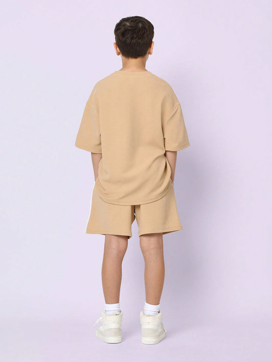 Tween Boys Comfy Oversized Fit Textured Elbow Sleeve Tee And Short With Tape