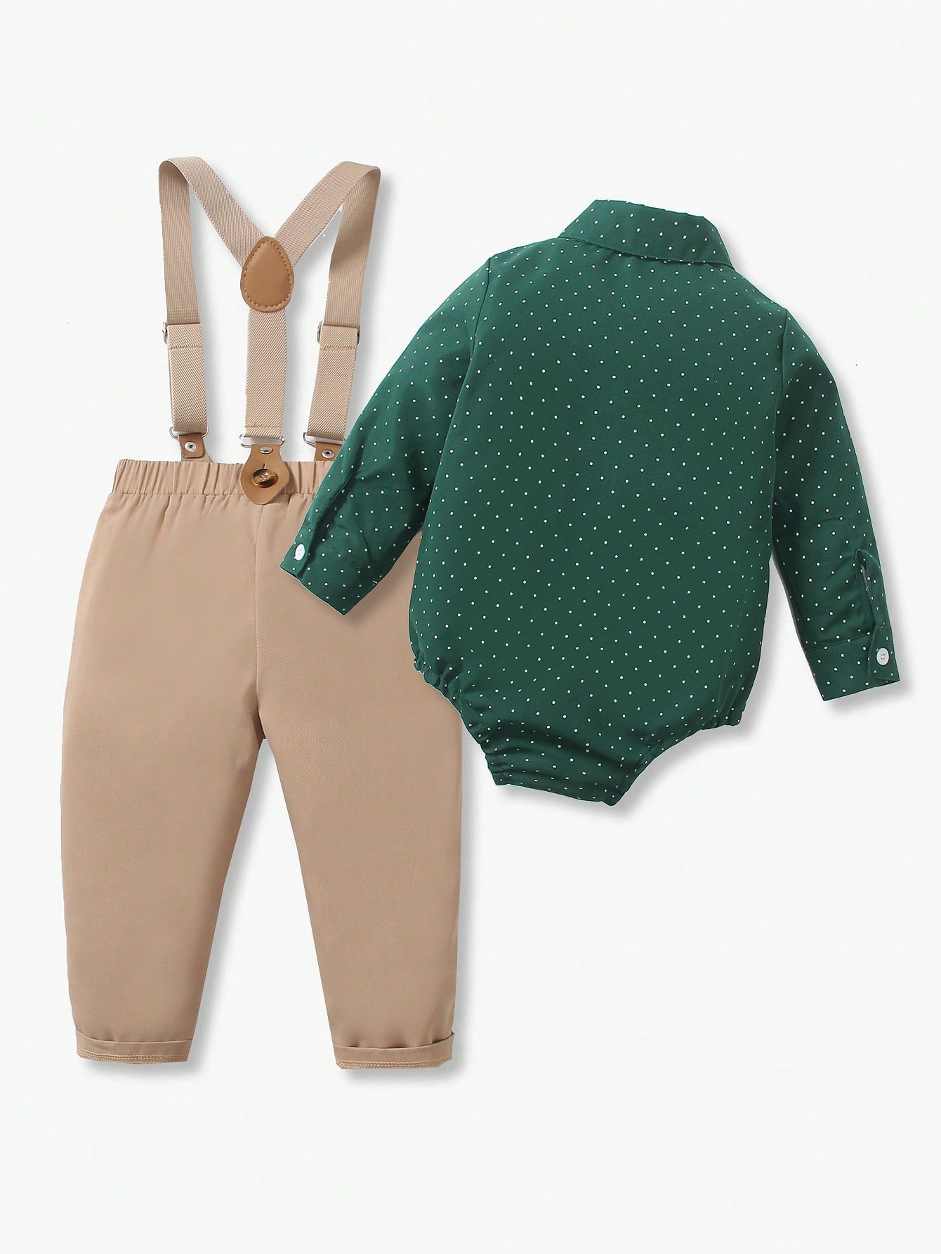 2pcs Baby Boy Gentleman Outfit, Polka Dot Long Sleeve Bowtie Shirt + Comfortable Bib Overalls Pants