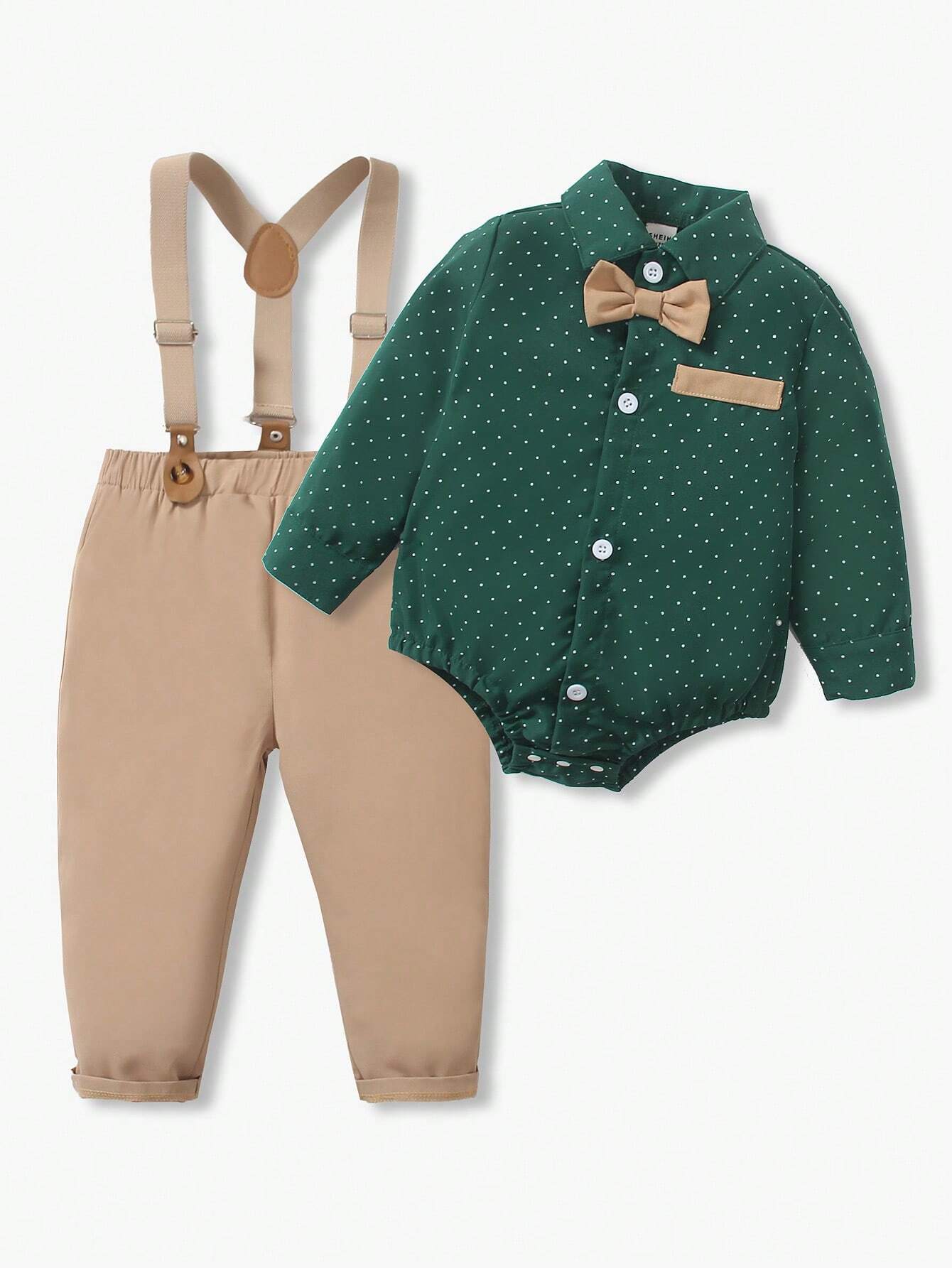 2pcs Baby Boy Gentleman Outfit, Polka Dot Long Sleeve Bowtie Shirt + Comfortable Bib Overalls Pants Green