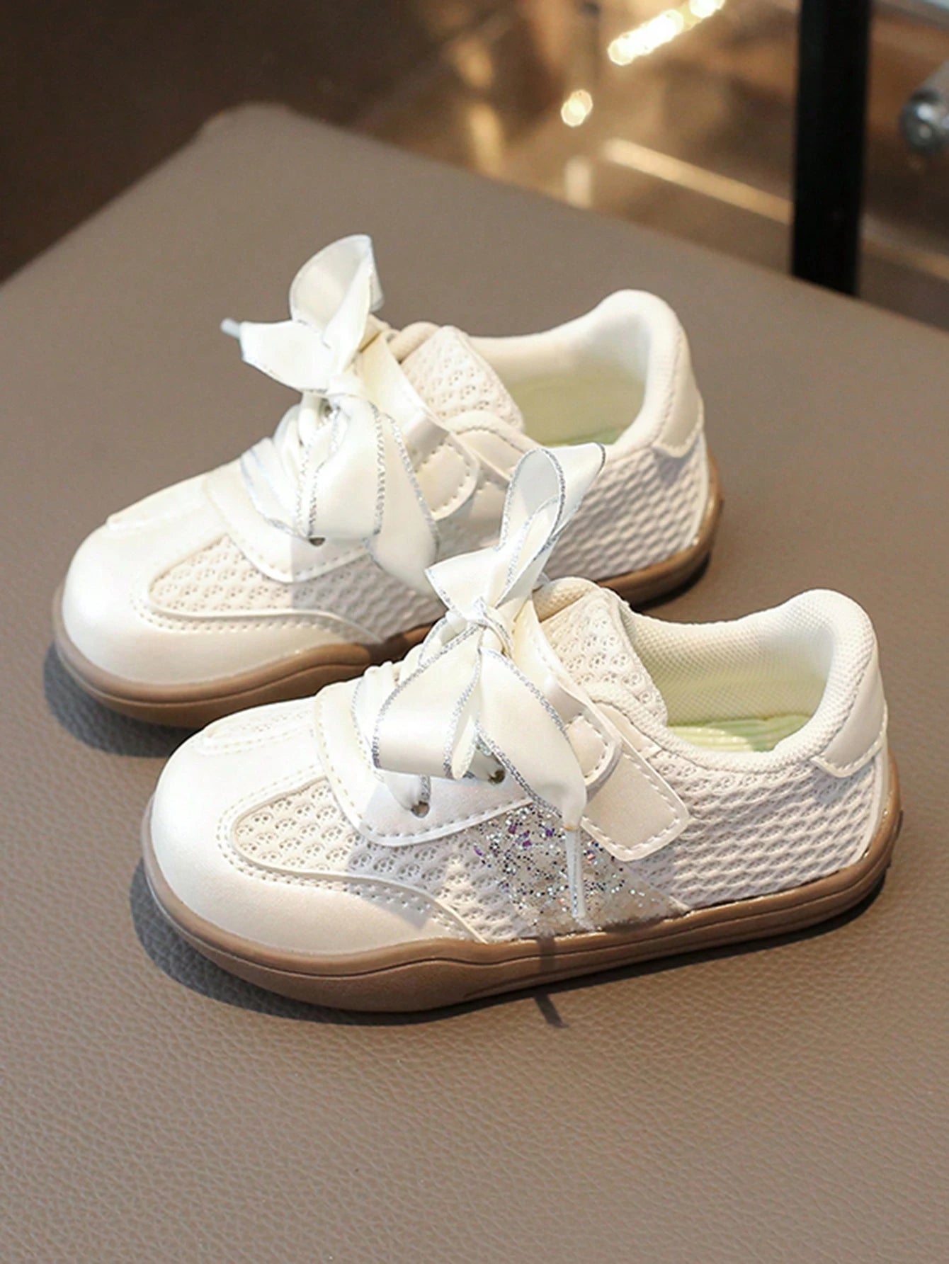 1 Pair Fashion Casual Mesh Sequin Ribbon Girls Children Sports Shoes Beige
