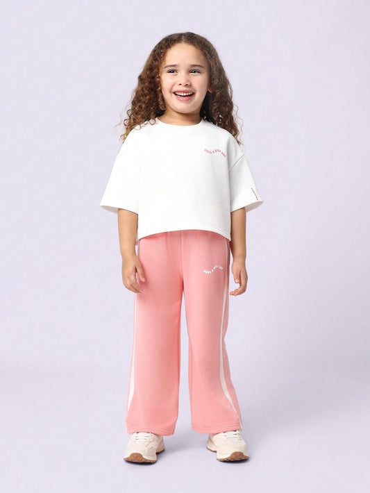 Young Girls Comfy Boxy Crop T-Shirt And Wide Leg Sweatpants With Have A Nice Day Graphic Pink