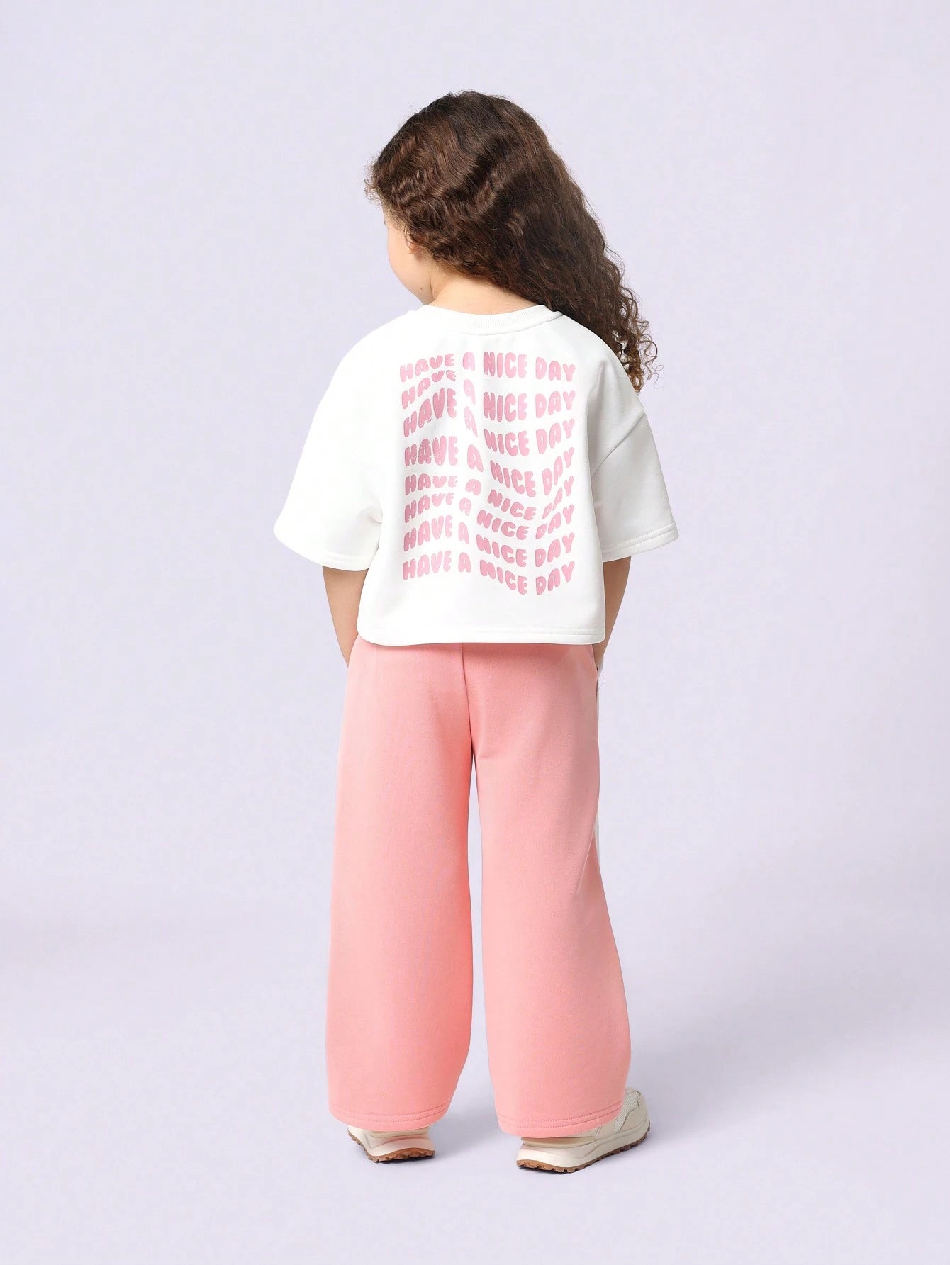 Young Girls Comfy Boxy Crop T-Shirt And Wide Leg Sweatpants With Have A Nice Day Graphic