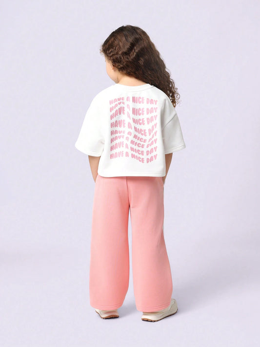 Young Girls Comfy Boxy Crop T-Shirt And Wide Leg Sweatpants With Have A Nice Day Graphic