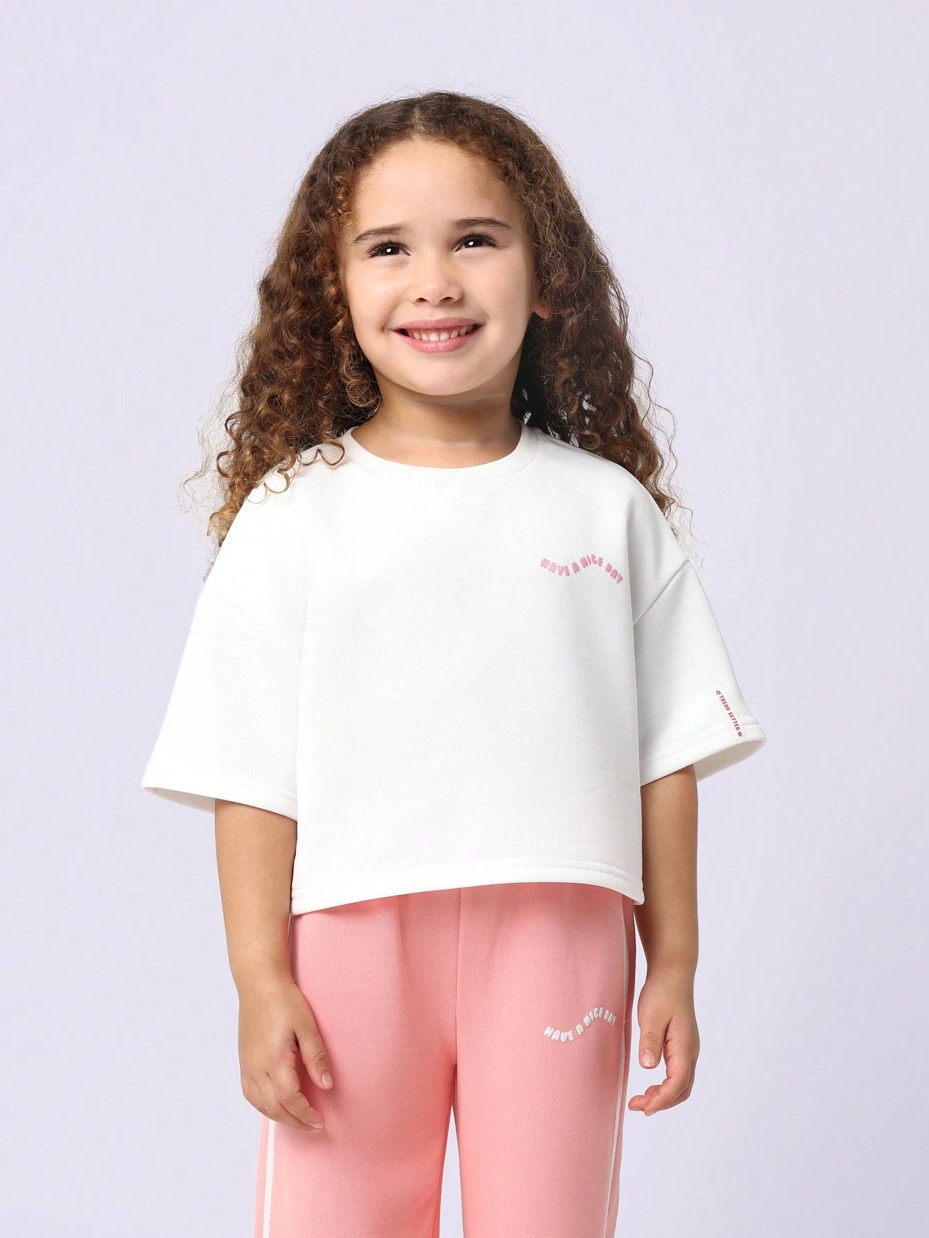 Young Girls Comfy Boxy Crop T-Shirt And Wide Leg Sweatpants With Have A Nice Day Graphic
