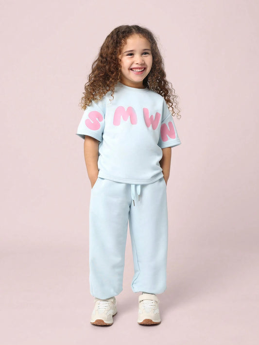 Young Girls Comfy Regular Fit Short Sleeve T-Shirt With Graphic Print And Jogger Baby Blue