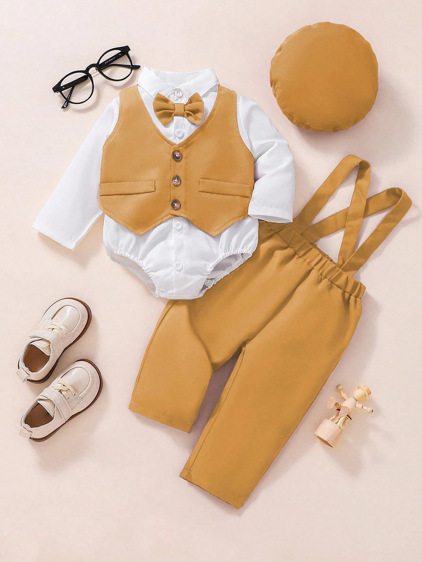 Multiple Pieces Baby Boy's Gentleman Style Buttoned Shirt With Bowtie, Suspender & Long Pants Brown