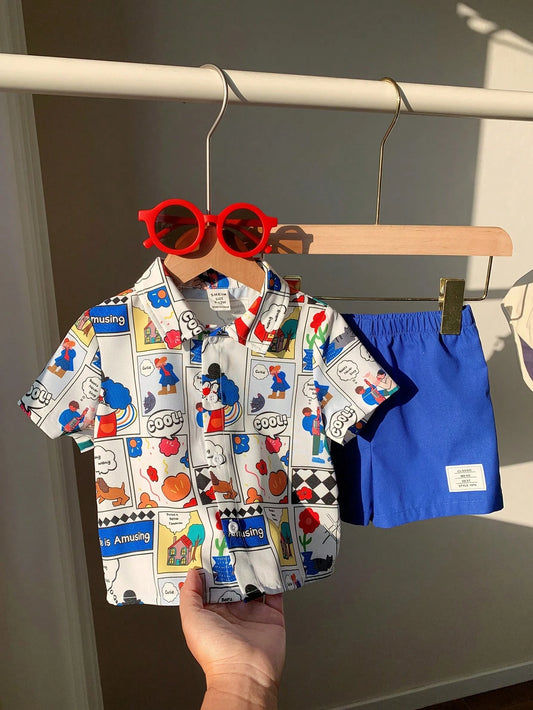 Versatile Cute Cartoon Pattern Short Sleeve Polo Shirt And Elastic Waist Shorts Blue