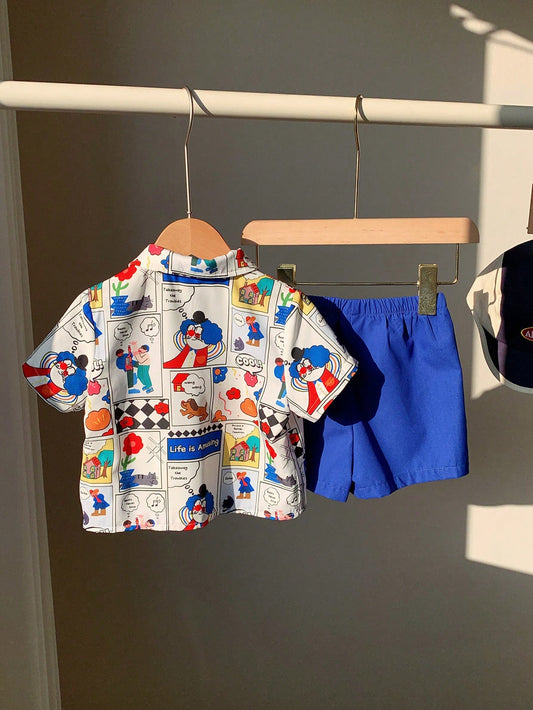 Versatile Cute Cartoon Pattern Short Sleeve Polo Shirt And Elastic Waist Shorts