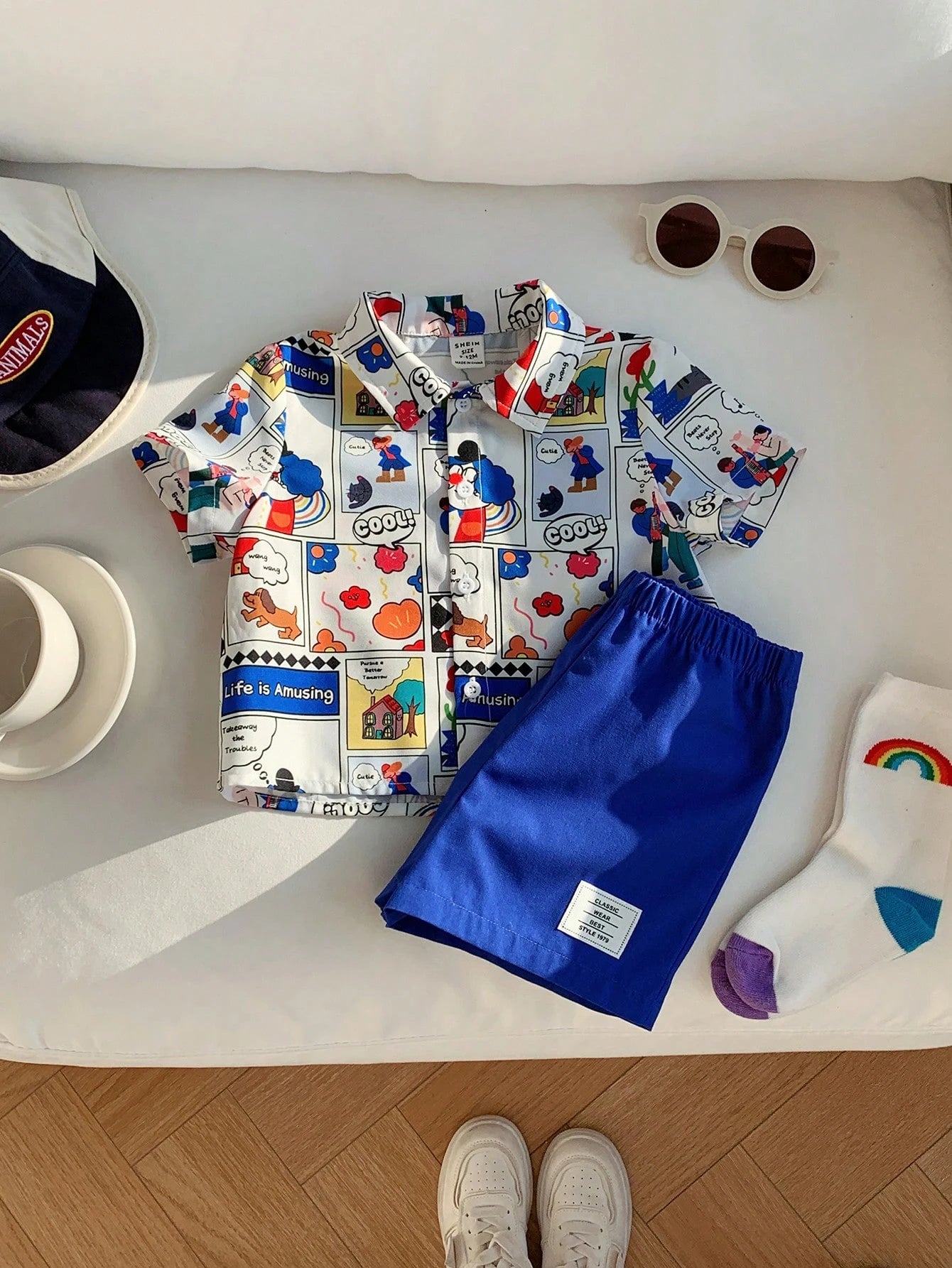 Versatile Cute Cartoon Pattern Short Sleeve Polo Shirt And Elastic Waist Shorts