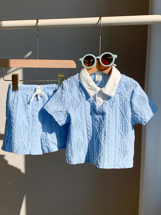 Casual Preppy Vacation Cute 2 In 1 Color Blocking Polo Collar Short Sleeve Top & Shorts Set