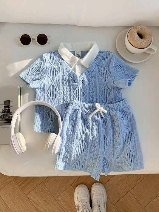Casual Preppy Vacation Cute 2 In 1 Color Blocking Polo Collar Short Sleeve Top & Shorts Set Multicolor