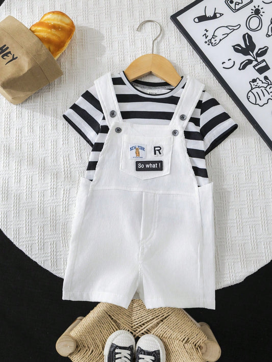 2pcs Baby/Infant Unisex Casual Cute Raglan Loose Striped Round Neck Knit Top T-Shirt And Bib Overalls