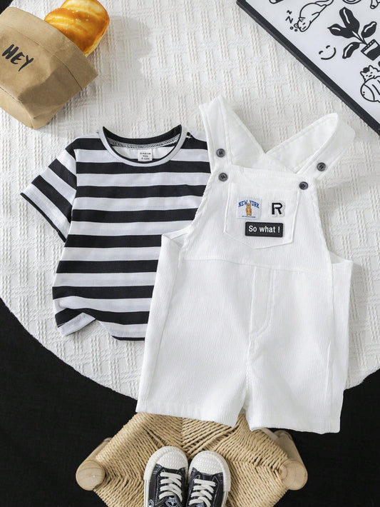 2pcs Baby/Infant Unisex Casual Cute Raglan Loose Striped Round Neck Knit Top T-Shirt And Bib Overalls Black & White