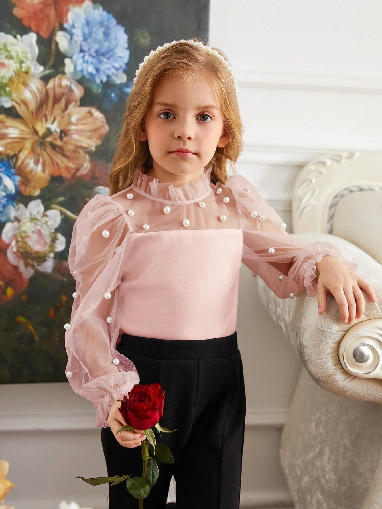 Young Girl Casual Pearl Decorated Stand Collar Blouse With See-Through Flare Sleeves Pink