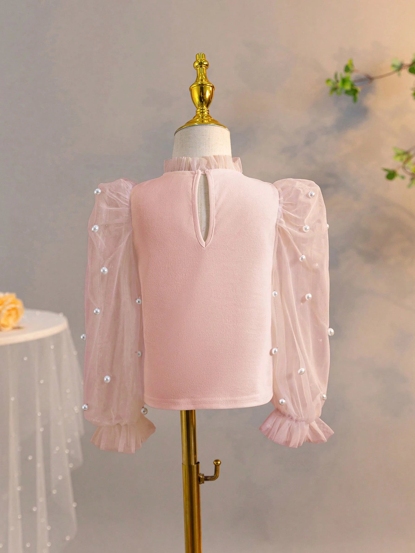 Young Girl Casual Pearl Decorated Stand Collar Blouse With See-Through Flare Sleeves