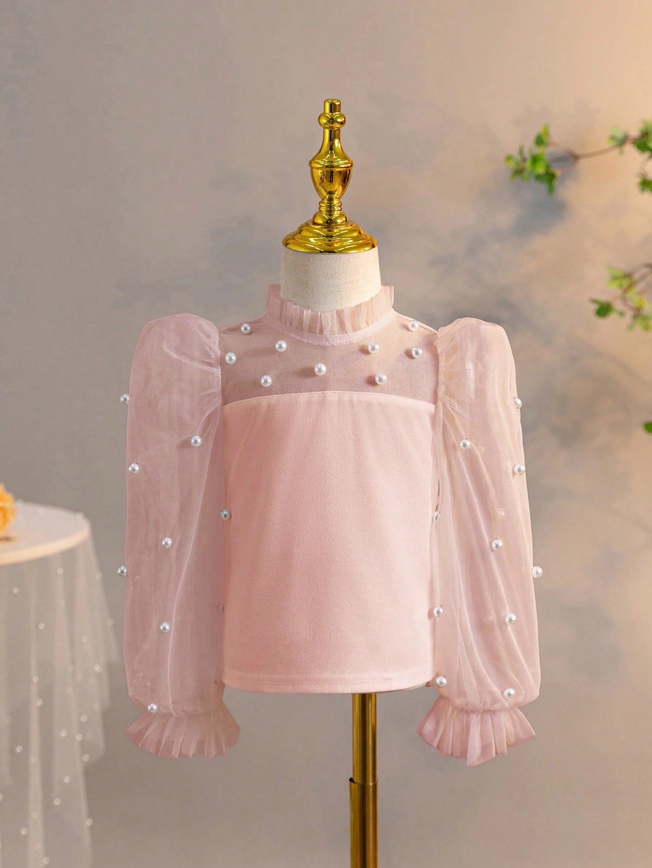 Young Girl Casual Pearl Decorated Stand Collar Blouse With See-Through Flare Sleeves