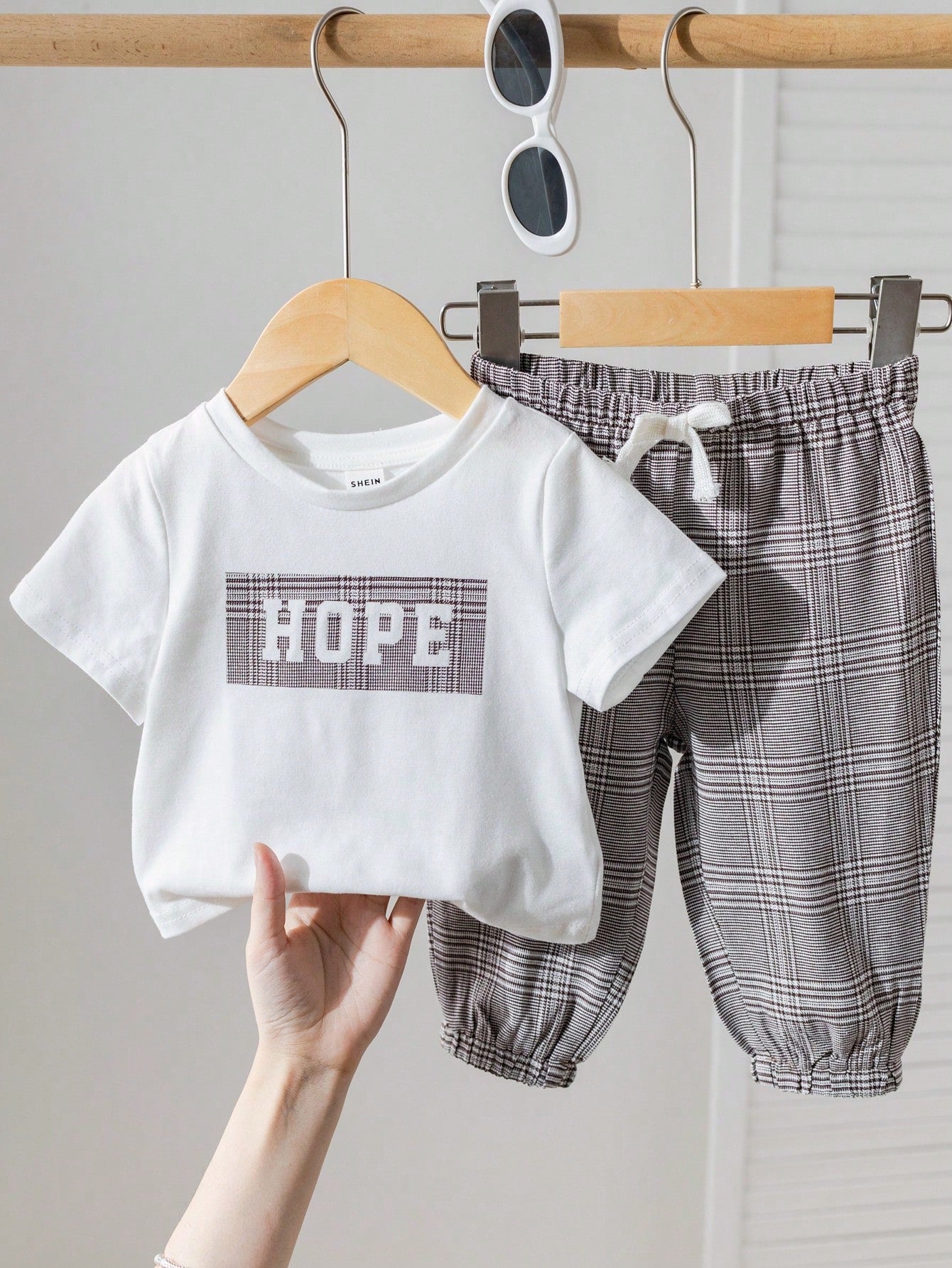 2pcs/Set Casual Sports College Style Baby Boys T-Shirt And Plaid Pants Multicolor