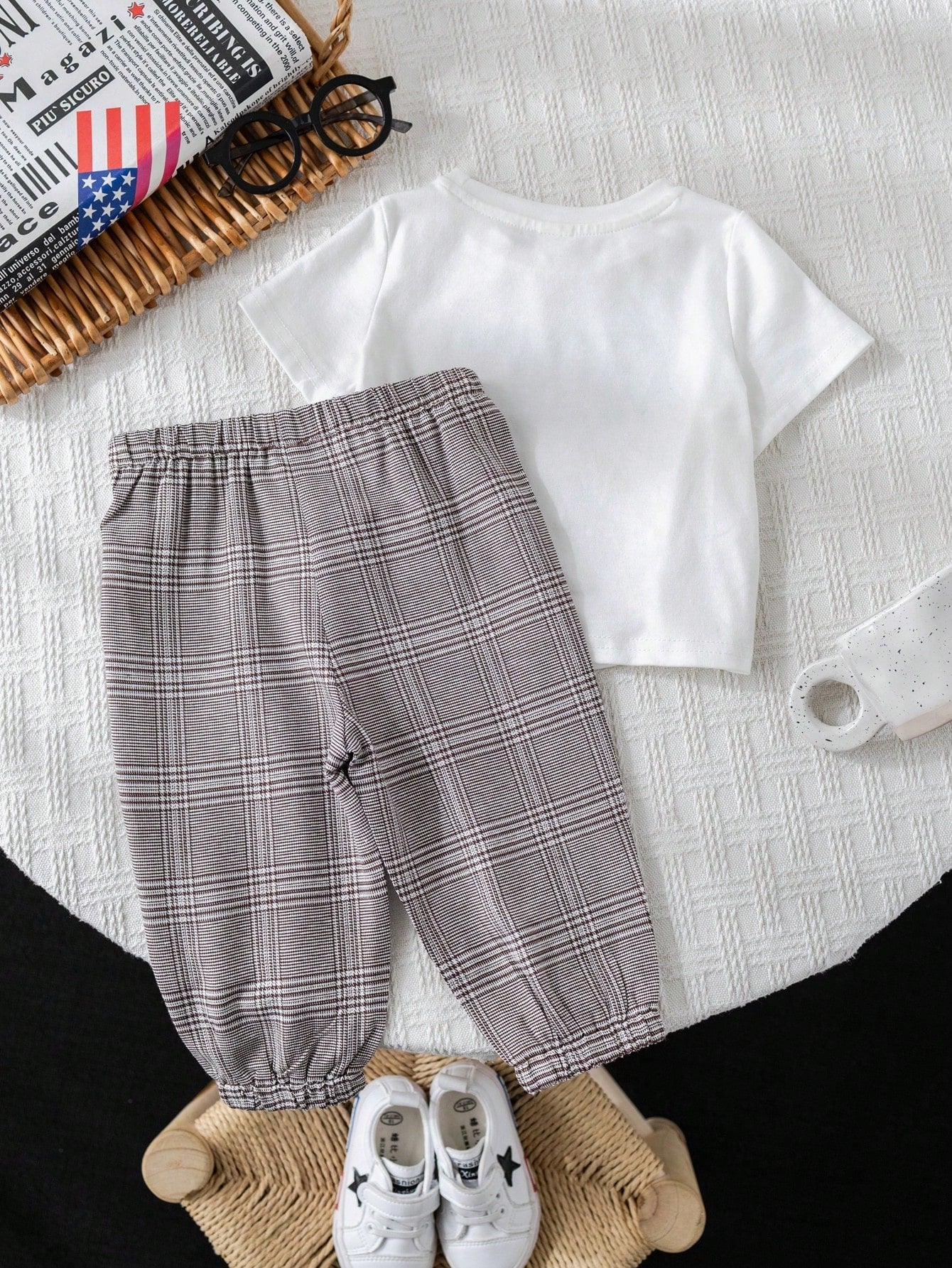 2pcs/Set Casual Sports College Style Baby Boys T-Shirt And Plaid Pants