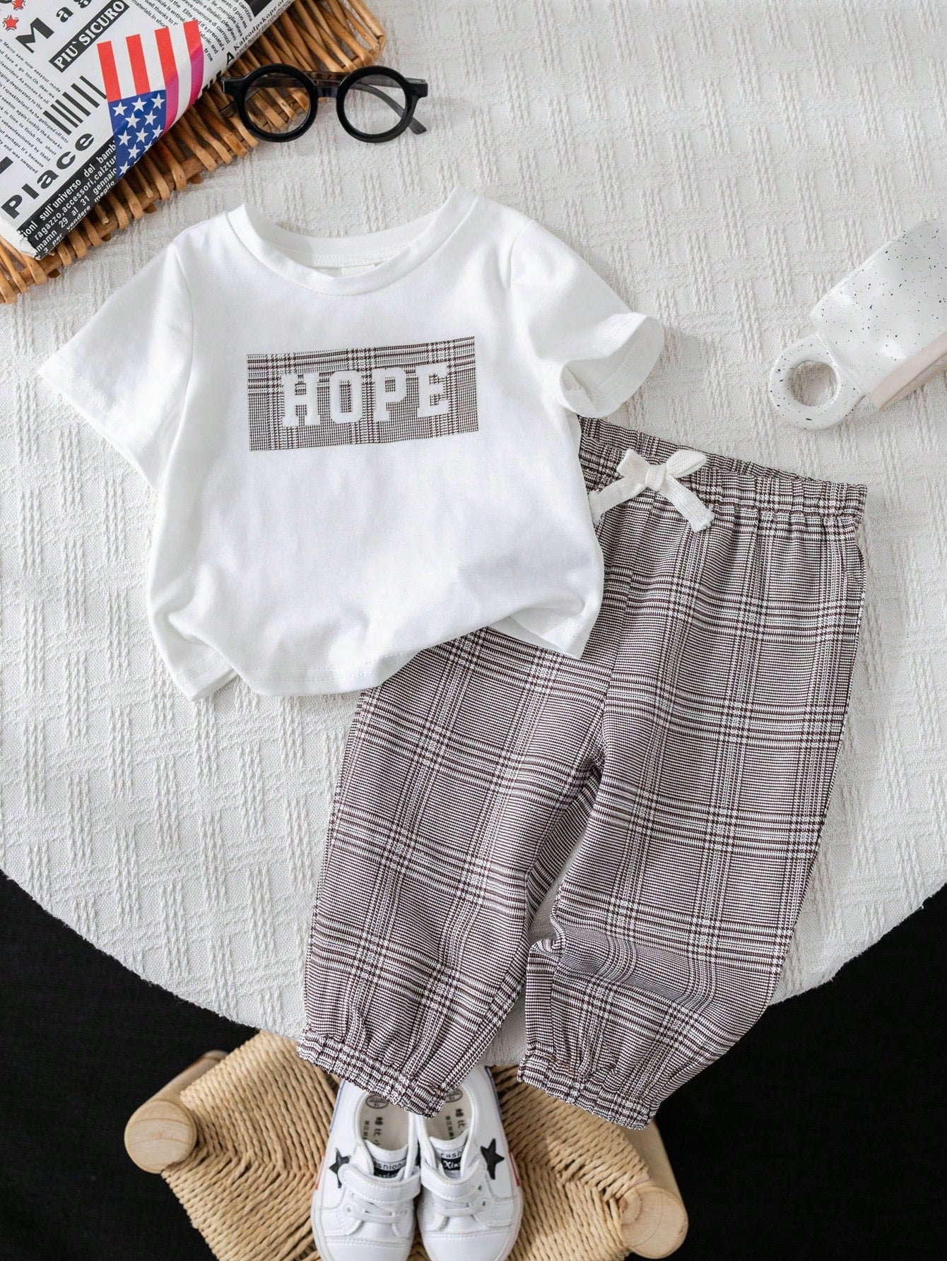 2pcs/Set Casual Sports College Style Baby Boys T-Shirt And Plaid Pants